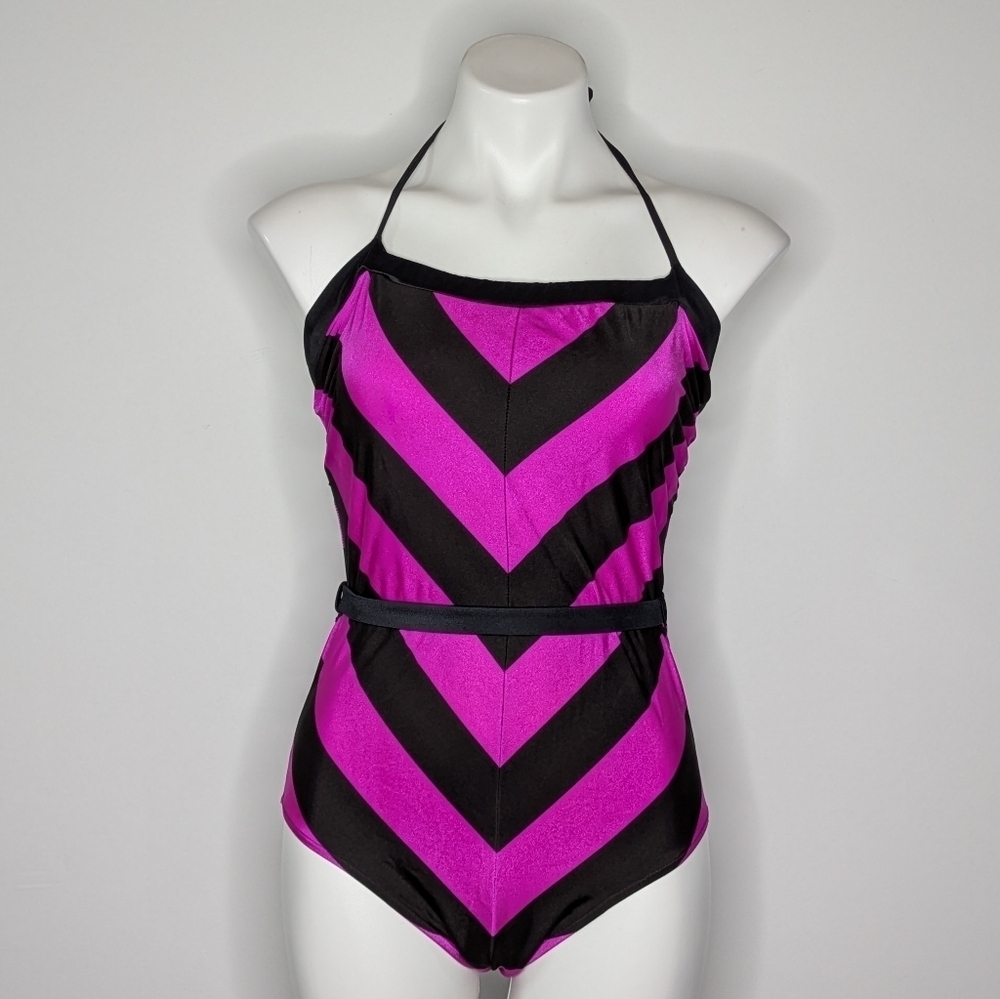 Vintage Retro Purple Black Striped Tie Neck One Piece Swimsuit 15/16